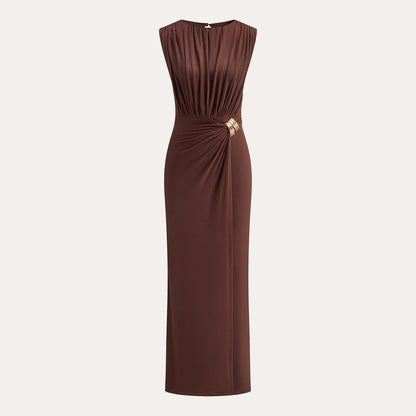 Ärmelloses Damen Maxikleid aus Satin mit Raffungen