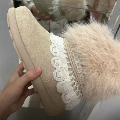 Damen Hausschuhe Flauschig Warm mit Kunstfell Spitze - BerlinGlamour