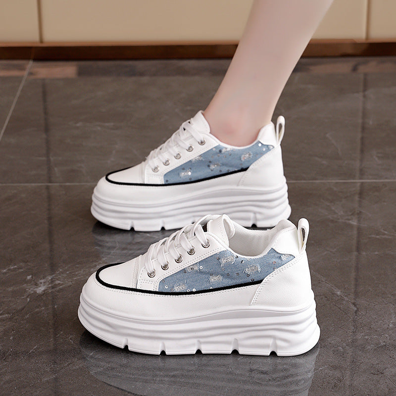 Damen Sneaker Plattform Schuhe Hoch mit Denim Akzent