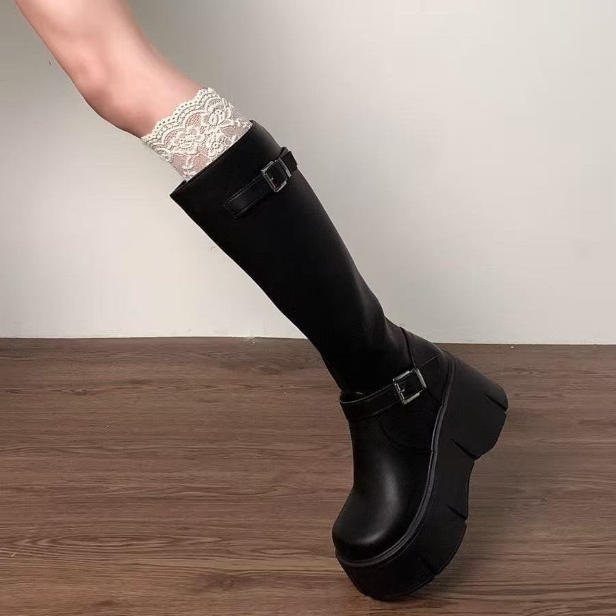 Damen Stiefel Mit Schnallen Schwarz Modisch