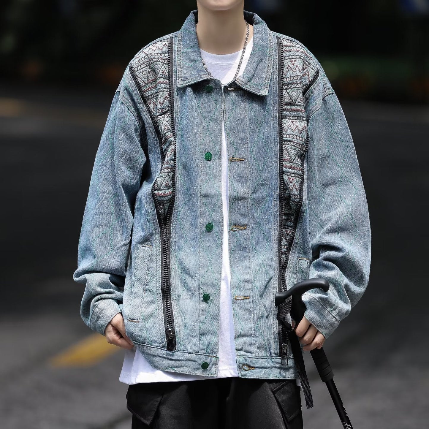 Herren Denimjacke Bunt Ethno Design Reißverschluss