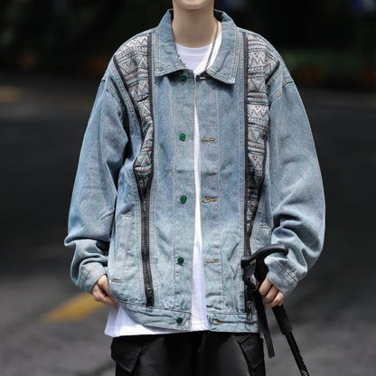 Herren Denimjacke Bunt Ethno Design Reißverschluss