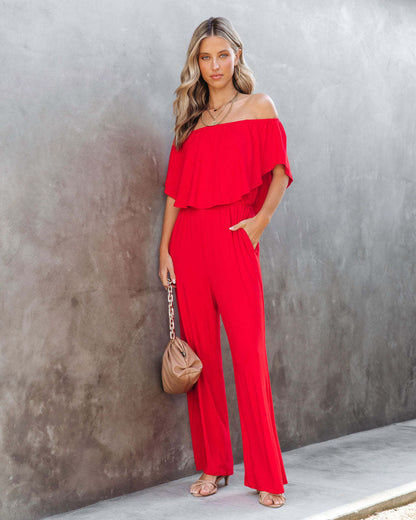 Damen Jumpsuit Elegант Off-Shoulder Weites Bein Fließend