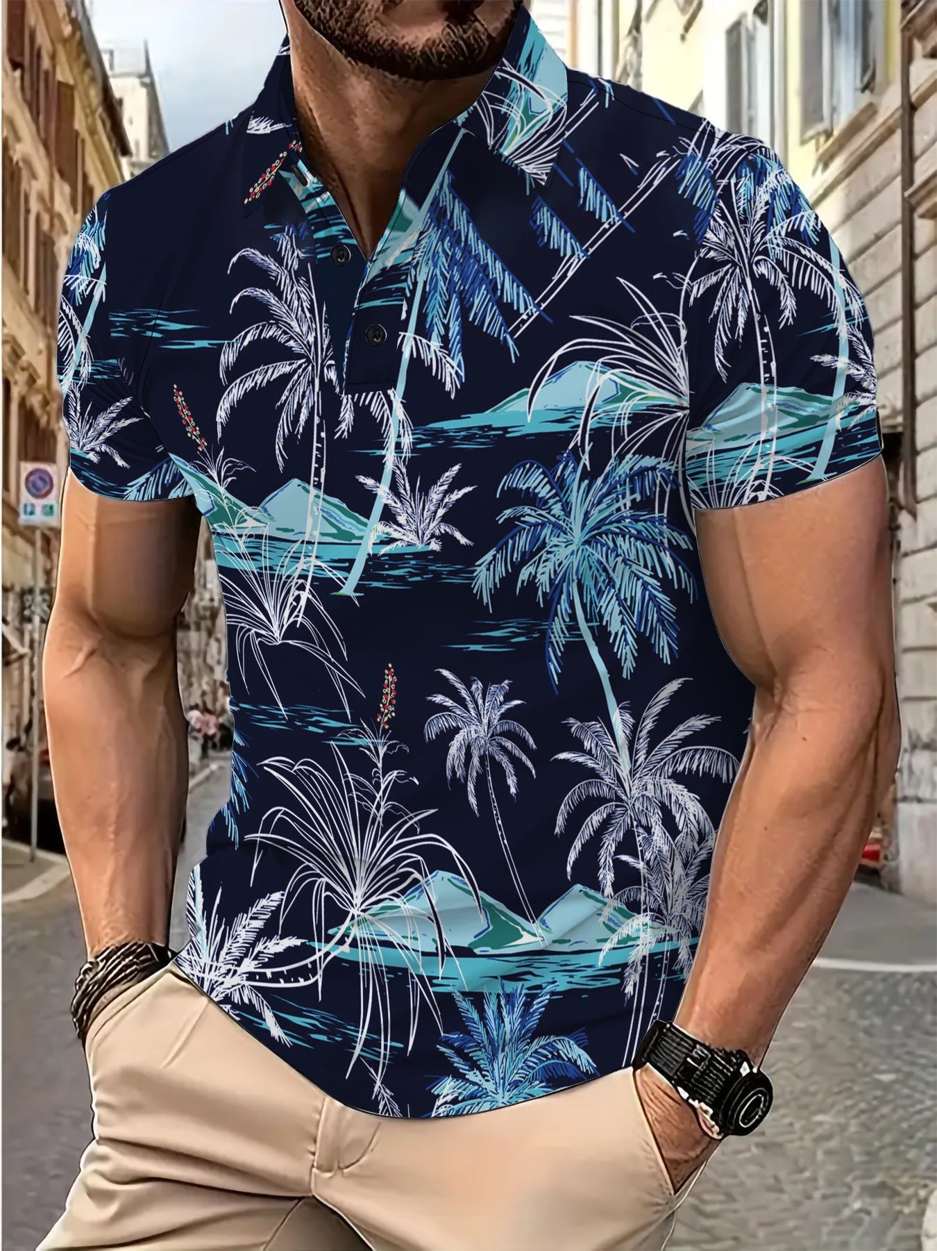 Herren Poloshirt Palmenmuster Atmungsaktiv Baumwolle