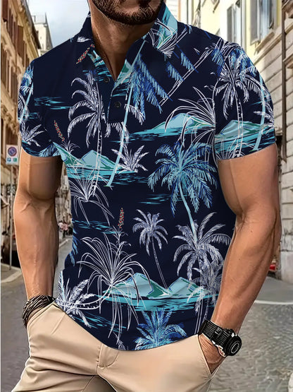 Herren Poloshirt Palmenmuster Atmungsaktiv Baumwolle