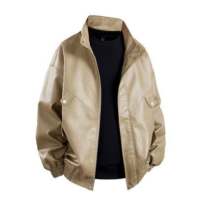 Herren Lederjacke Lässig Schwarzes Kunstleder Mit Taschen