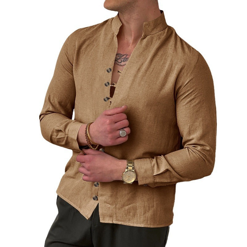 Herren Leinenhemd Modern Stehkragen Elegante Knöpfe