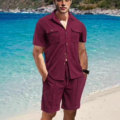 Herren Strandoutfit Shorts Hemd Set mit Taschen Sommer