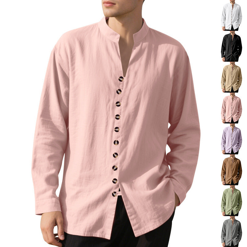 Herren Langarmhemd Elegantes Stehkragenhemd Mit Knöpfen Schwarzes Hemd - BerlinGlamour
