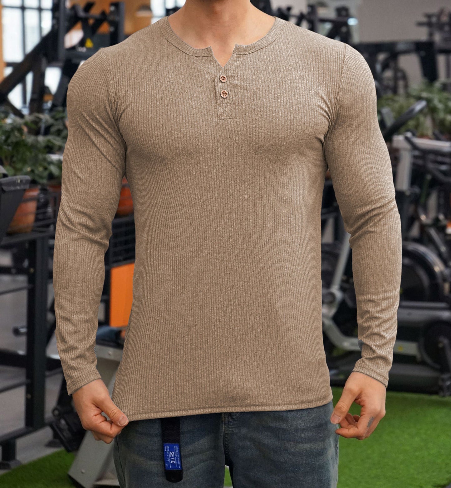 Herren Langarmshirt Strukturiert Knöpfe Modern