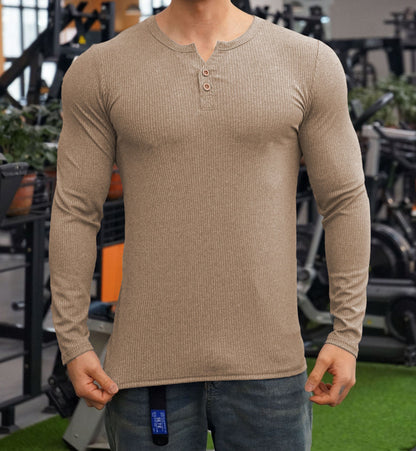 Herren Langarmshirt Strukturiert Knöpfe Modern