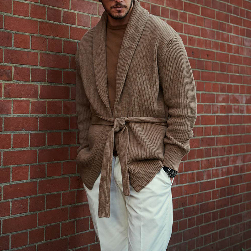 Herren Strickcardigan Modern mit Gürtel Tiefkragen