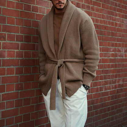 Herren Strickcardigan Modern mit Gürtel Tiefkragen