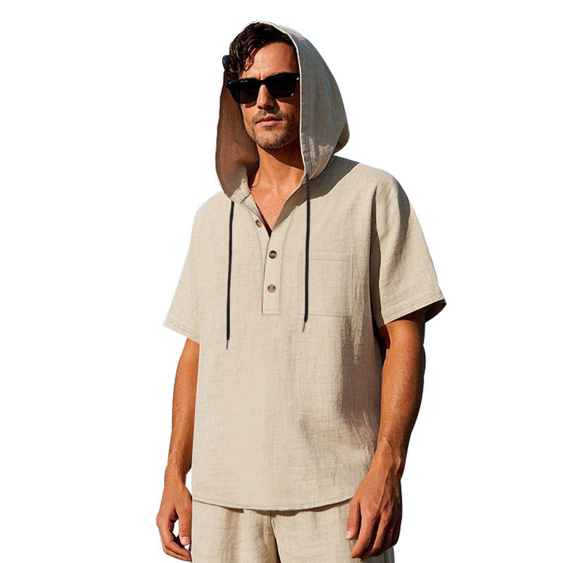 Männer Kapuzen-T-Shirt mit Knöpfen und Brusttasche Sportlich