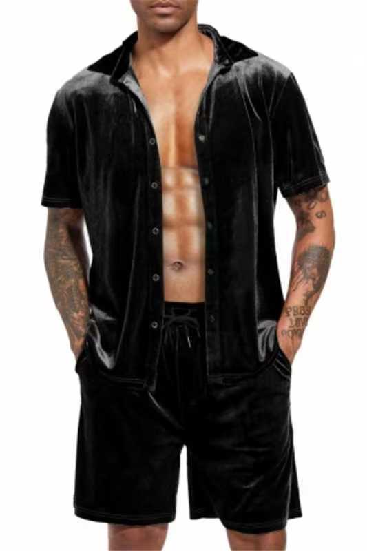 Herren Samt Hemd Shorts Set Luxus Sommer