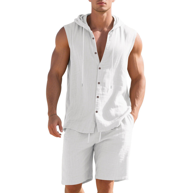 Herren Sportshemd Kurzarm mit Kapuze und Shorts Casual