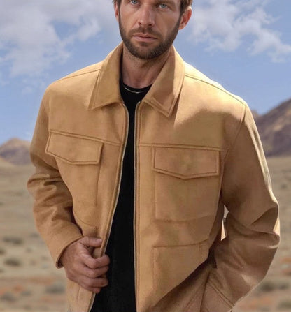 Herren Lederjacke Suede Stil mit Aufschlägen und Taschen