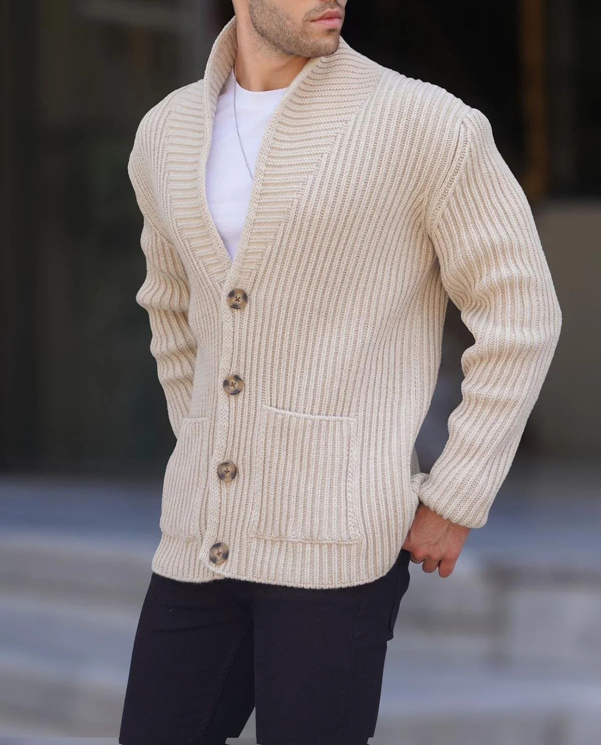 Herren Cardigan Grobgestrickt Breites Rippenmuster Praktisch