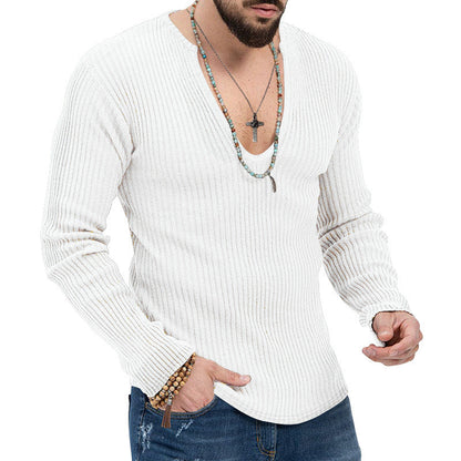 Herren Langarmshirt Strukturiert V-Ausschnitt Rippdesign Modern