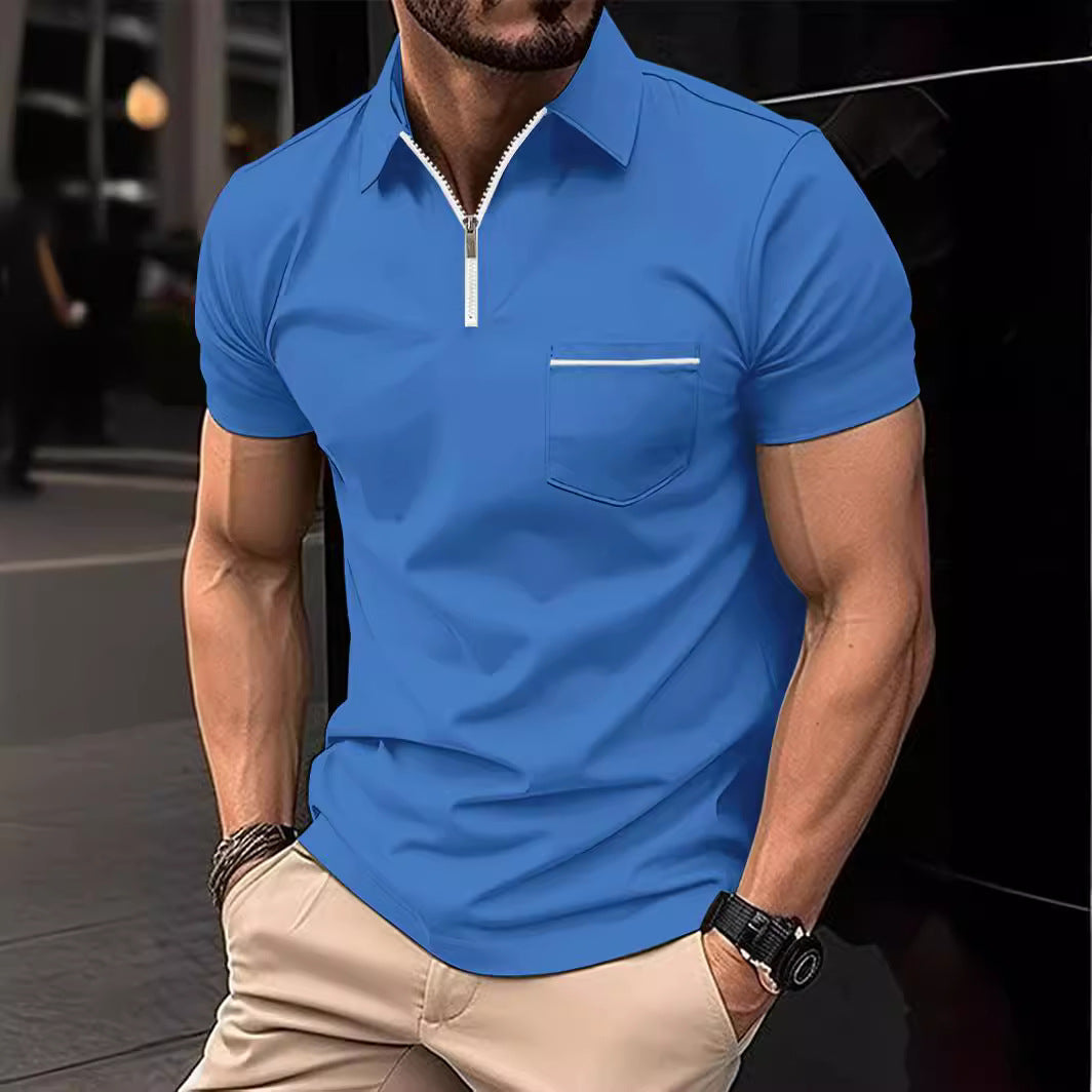 Herren Poloshirt Kurzarm mit Reißverschluss und Brusttasche Modern