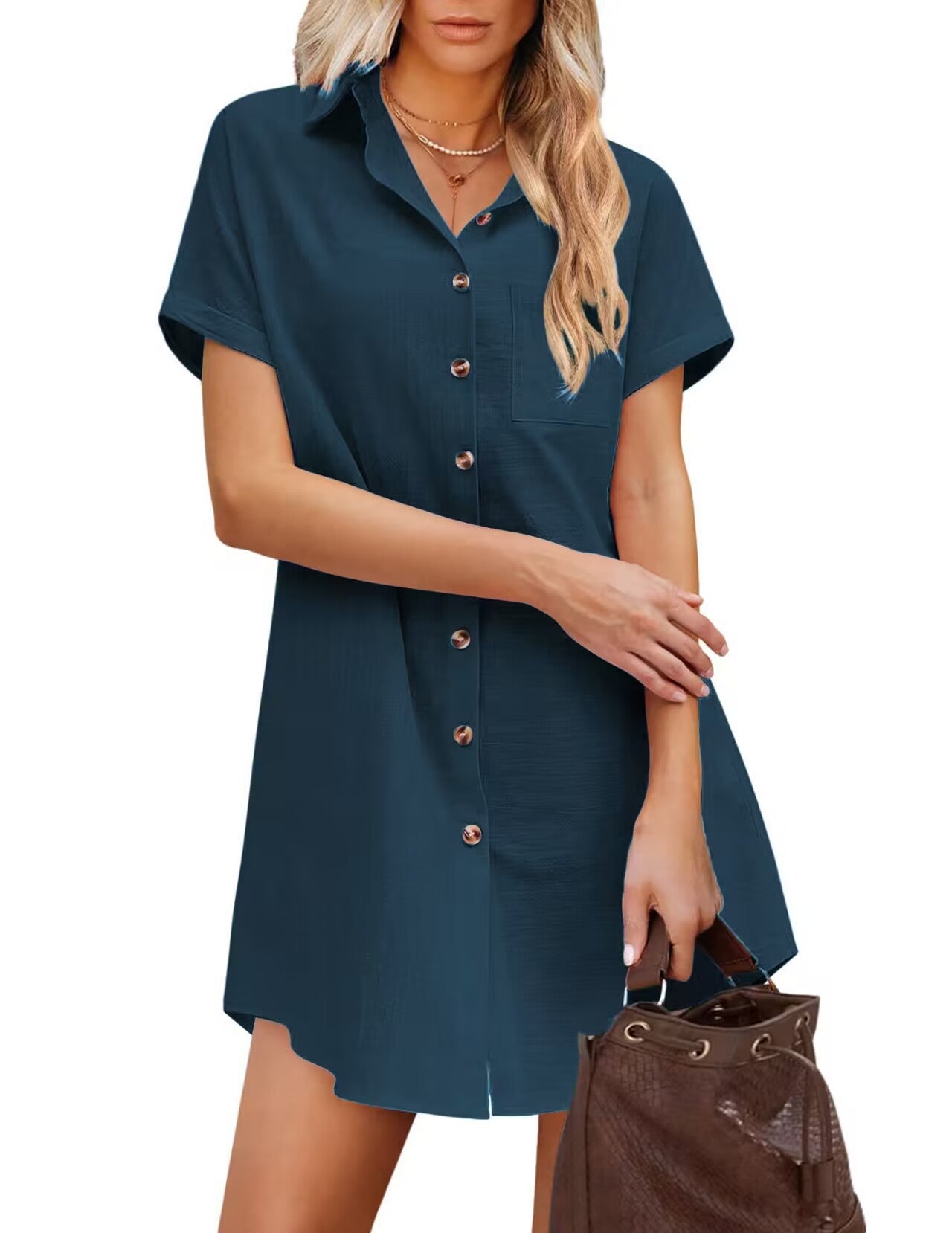 Leinenkleid Damen Sommerkleid Knopfleibchen Brusttasche