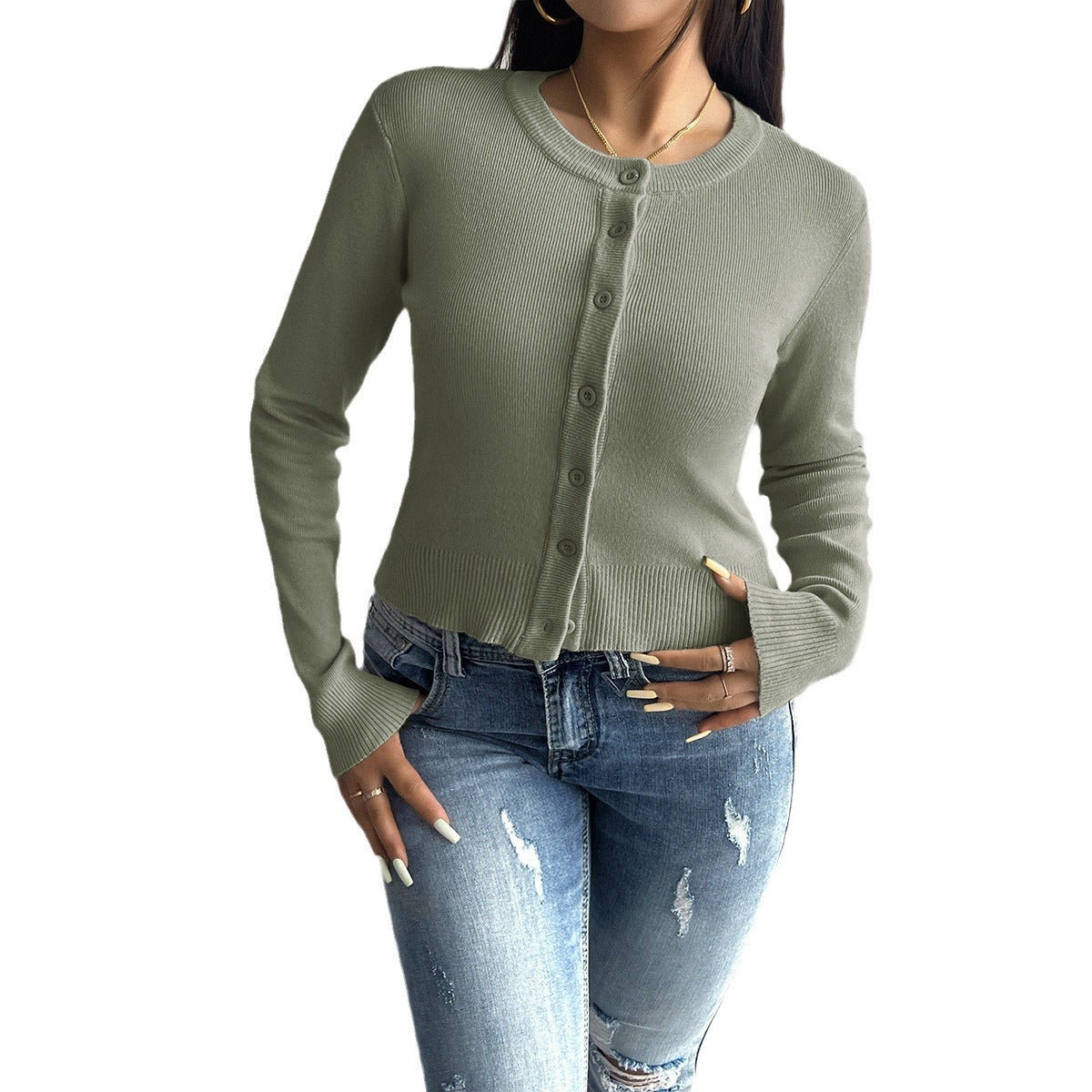 Damen Cardigan Fein Rippenmuster Knopfverschluss Modern