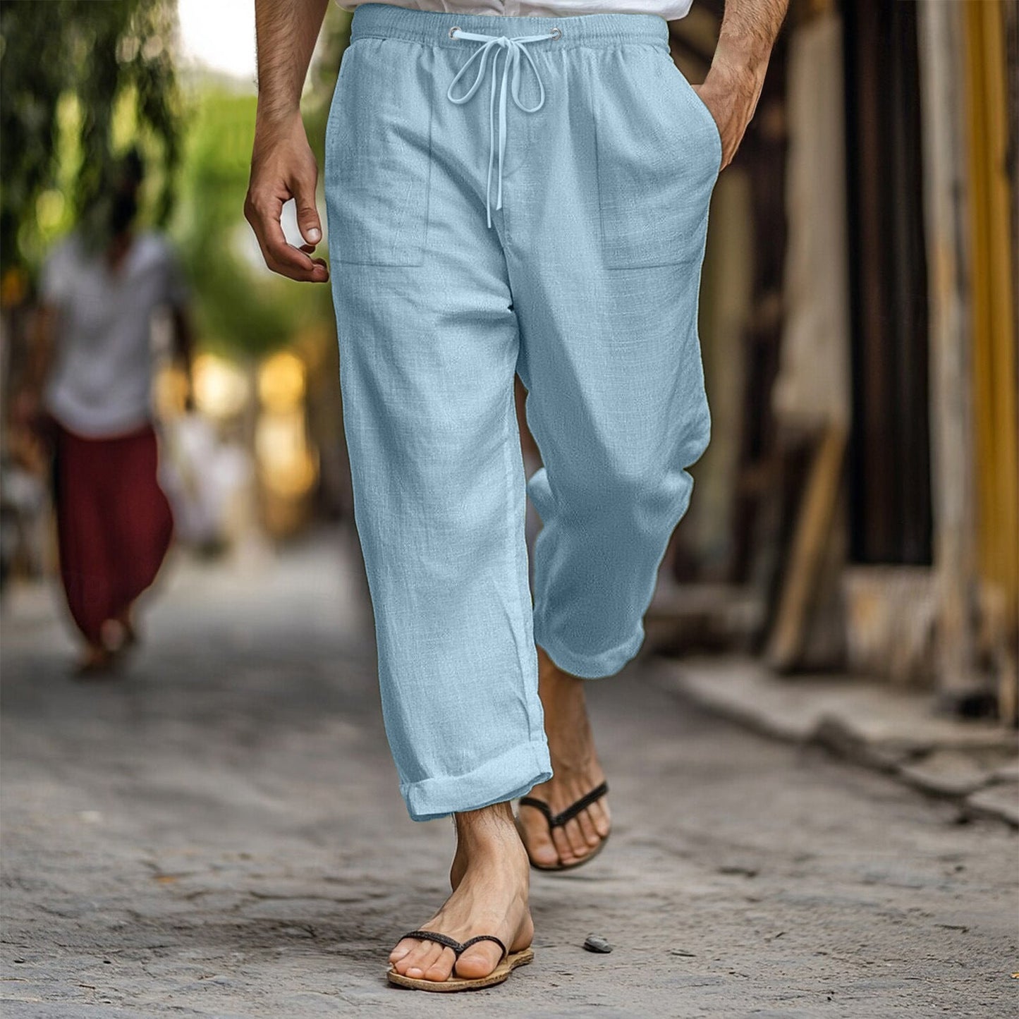 Herren Leinenhose Lässig Bequem mit Taschen