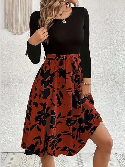Damenkleid Elegantes Midikleid Floral Gesmoktes Oberteil Damenmode