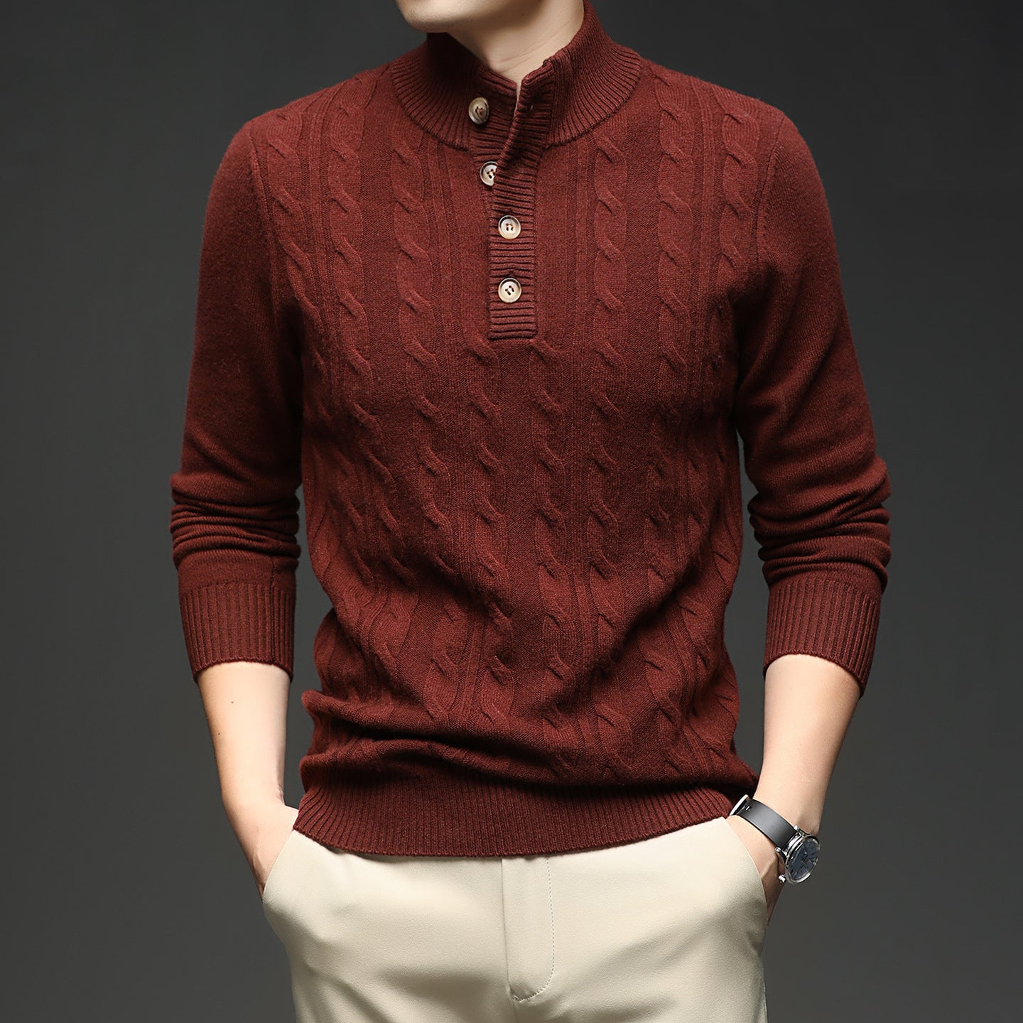 Herren Strickpullover Stehkragen Knopfleiste Elegent Modern
