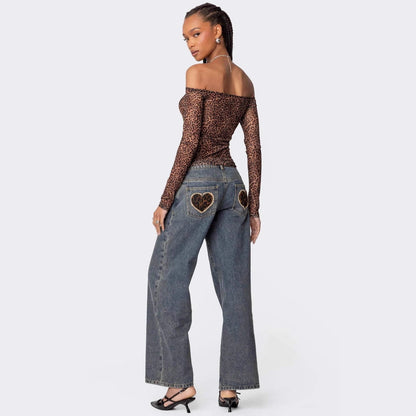 Damen Leoparden-Shirt Langarm Off-Shoulder Trendy