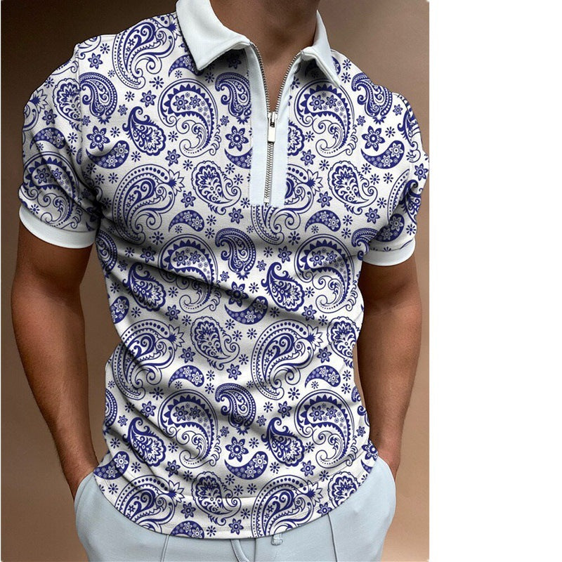 Herren Poloshirt Paisley Muster Modern Reißverschluss