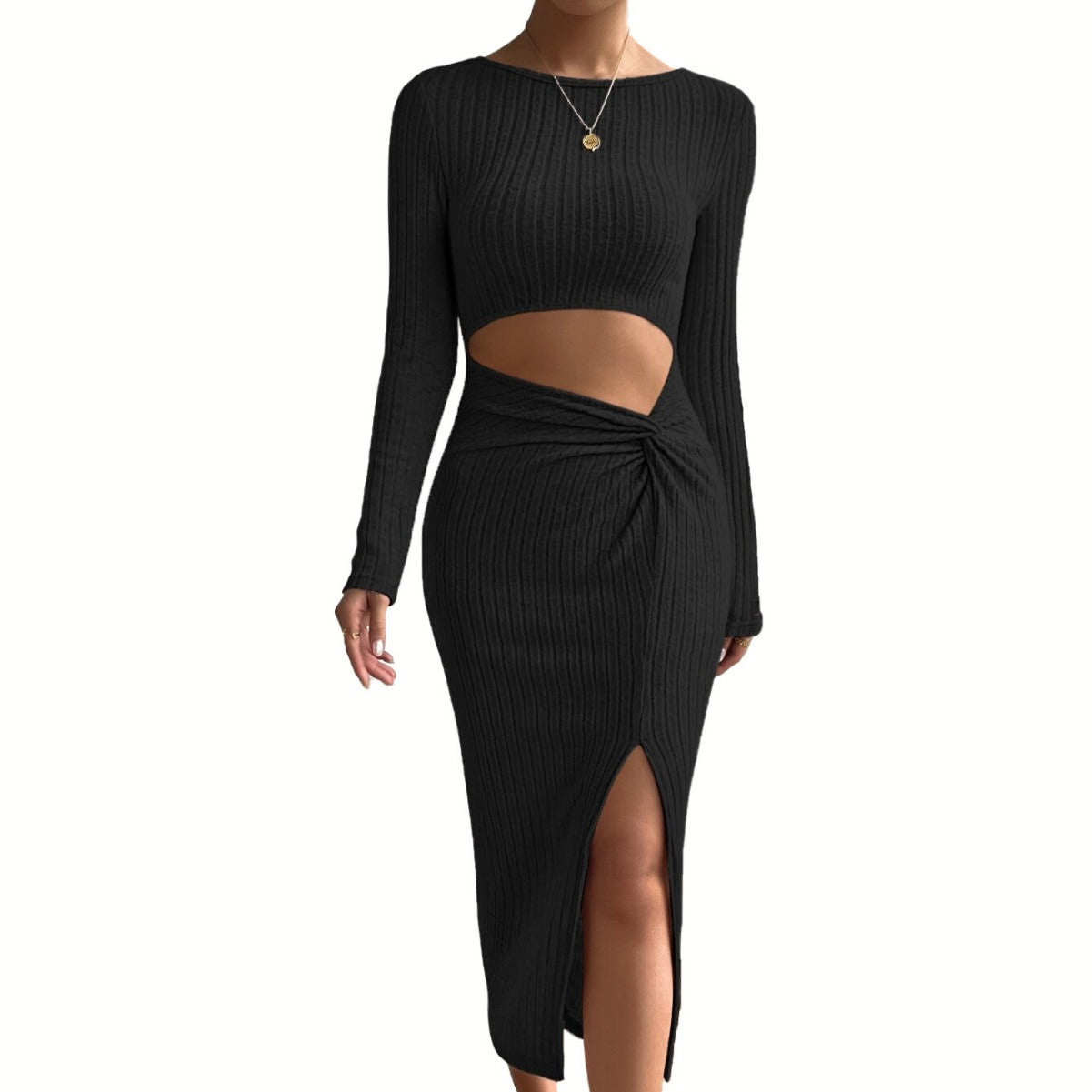 Damen Kleid Langarm Cut-Out Detail Wickelkleid Modern