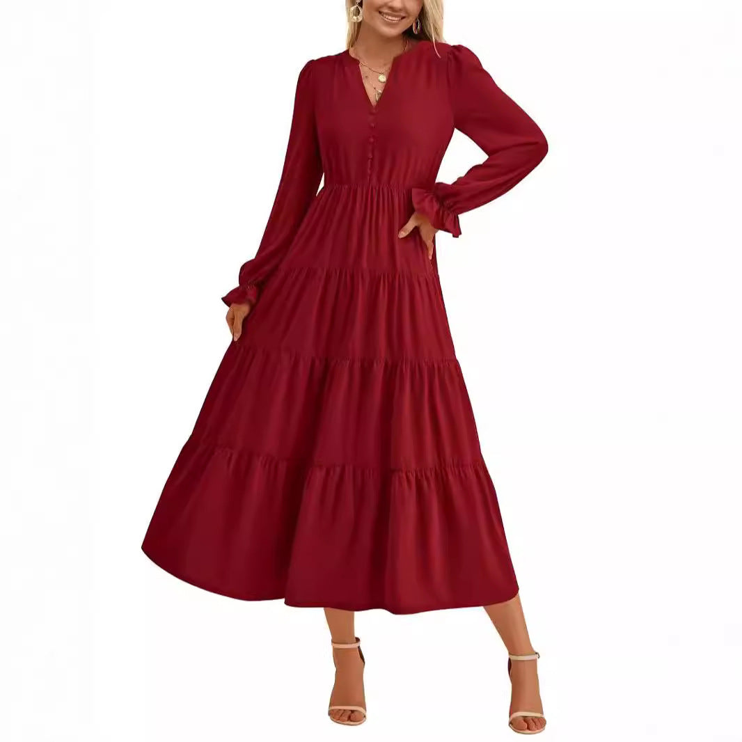 Damen Maxikleid Elegant Rüschendetails V-Ausschnitt Sommerkleid
