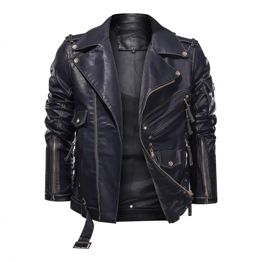 Leder Bikerjacke Herren mit Reißverschlusstaschen Gürtel Detail Schwarz