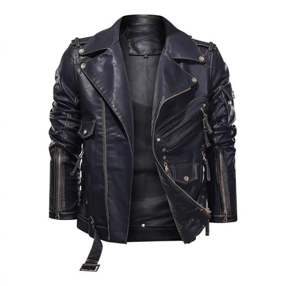 Leder Bikerjacke Herren mit Reißverschlusstaschen Gürtel Detail Schwarz