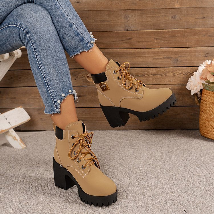 Damen Stiefel Ankle Boots Blockabsatz Schnürschuhe Elegant