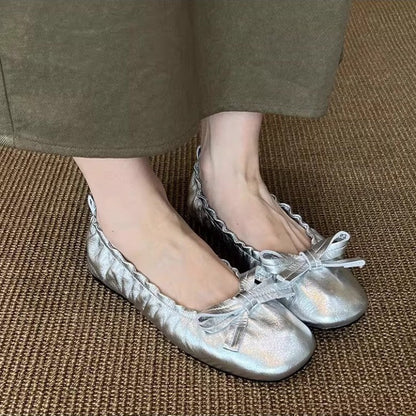 Damen Ballerinas Elastisch Rüschen Schleifen Detail