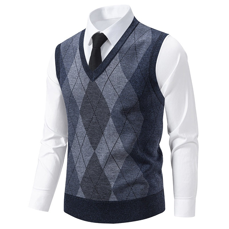 Herren Pullover V-Ausschnitt Strick mit Rautenmuster Elegant