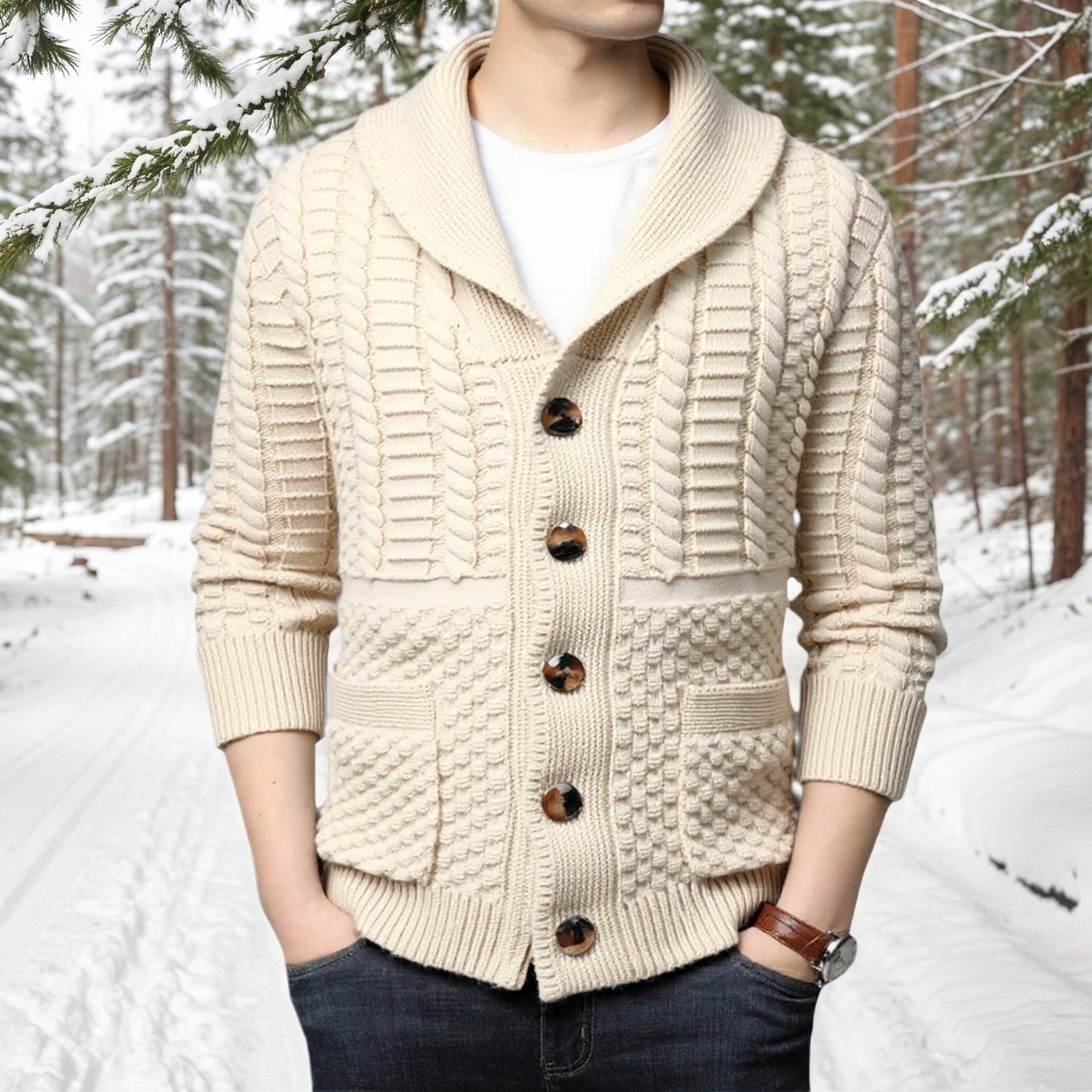Herren Strickjacke Modern mit V-Ausschnitt und Zopfmuster