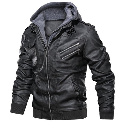 Herren Lederjacke Mit Kapuze Und Brusttaschen Ledermantel Schwarz