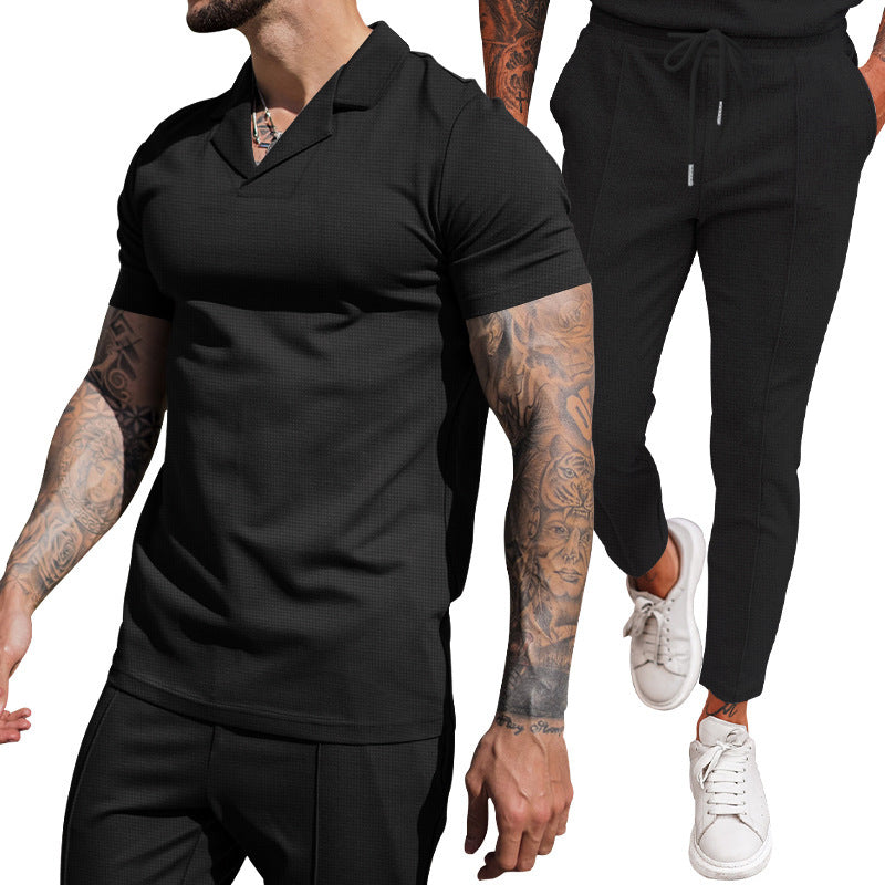Herren Freizeit Set Kurzarm Polohemd schmale Hose Elegant
