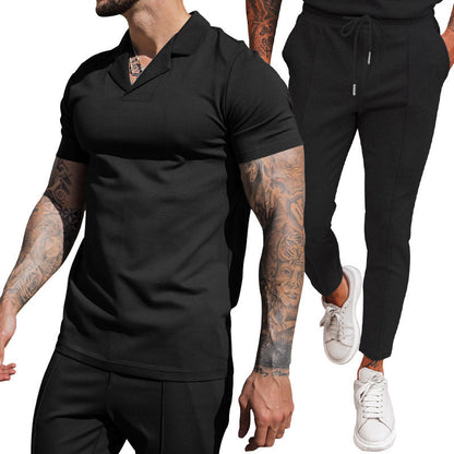 Herren Freizeit Set Kurzarm Polohemd schmale Hose Elegant