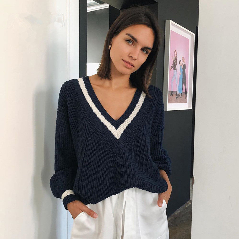 Damen Pullover V-Ausschnitt Streifenmuster Modern