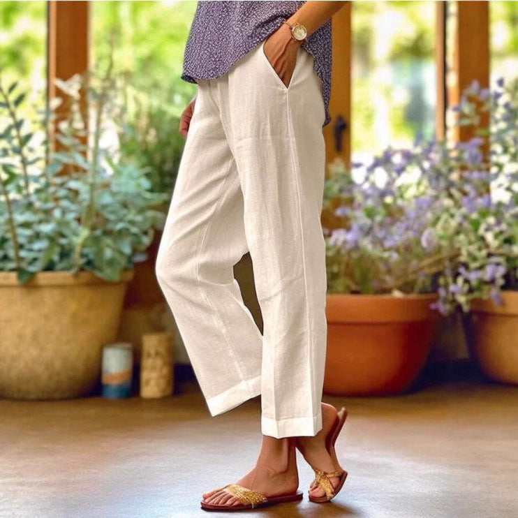 Damen Leinenhose Weit Bequem Mit Taschen
