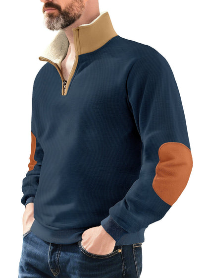 Herren Pullover Fleece Stehkragen Kontrast Ellenbogen