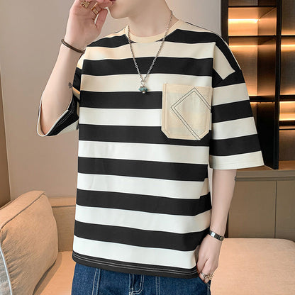 Herren T-Shirt Gestreift mit Tasche Casual Berlin Style