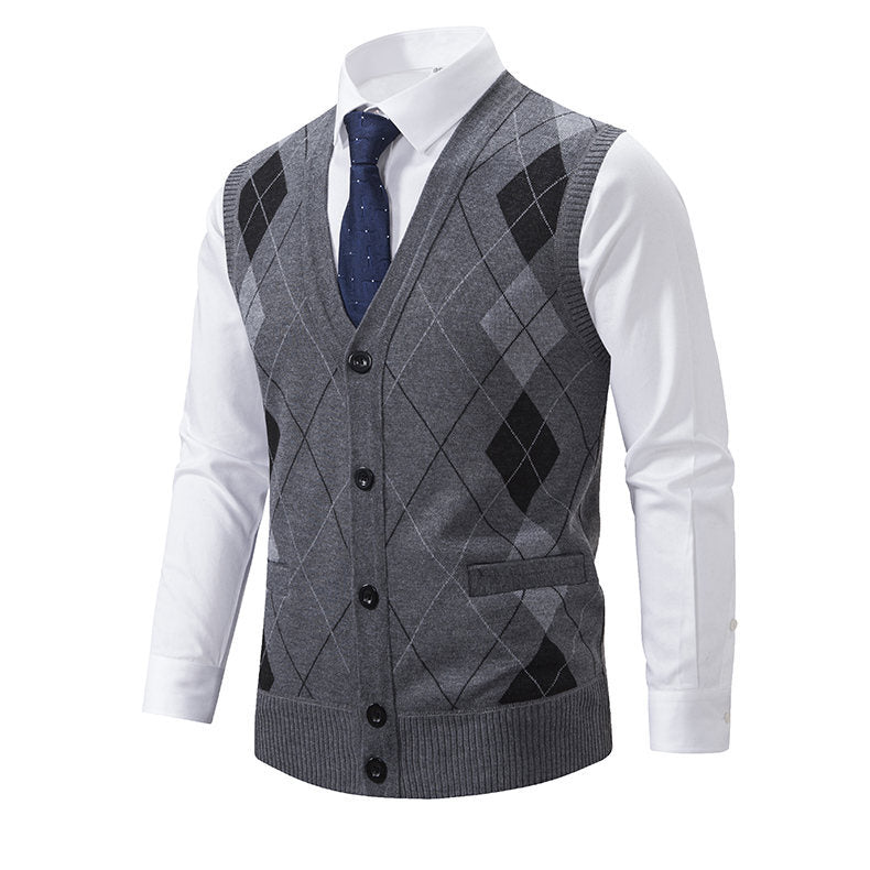 Herren elegante Strickweste mit modernem Rautenmuster und praktischen Taschen BerlinGlamour