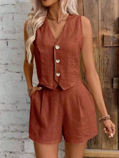 Leinenoptik Zweiteiler Ärmellos mit High-Waist Shorts