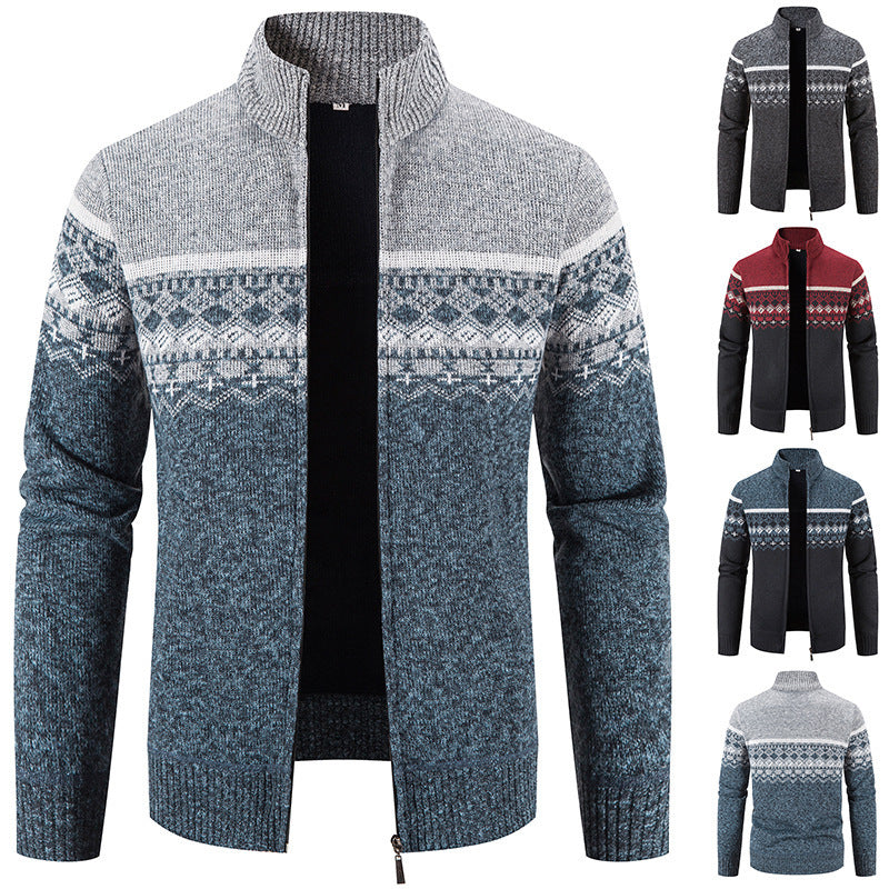 Herren Strickjacke Norwegermuster Stehkragen Modern - BerlinGlamour