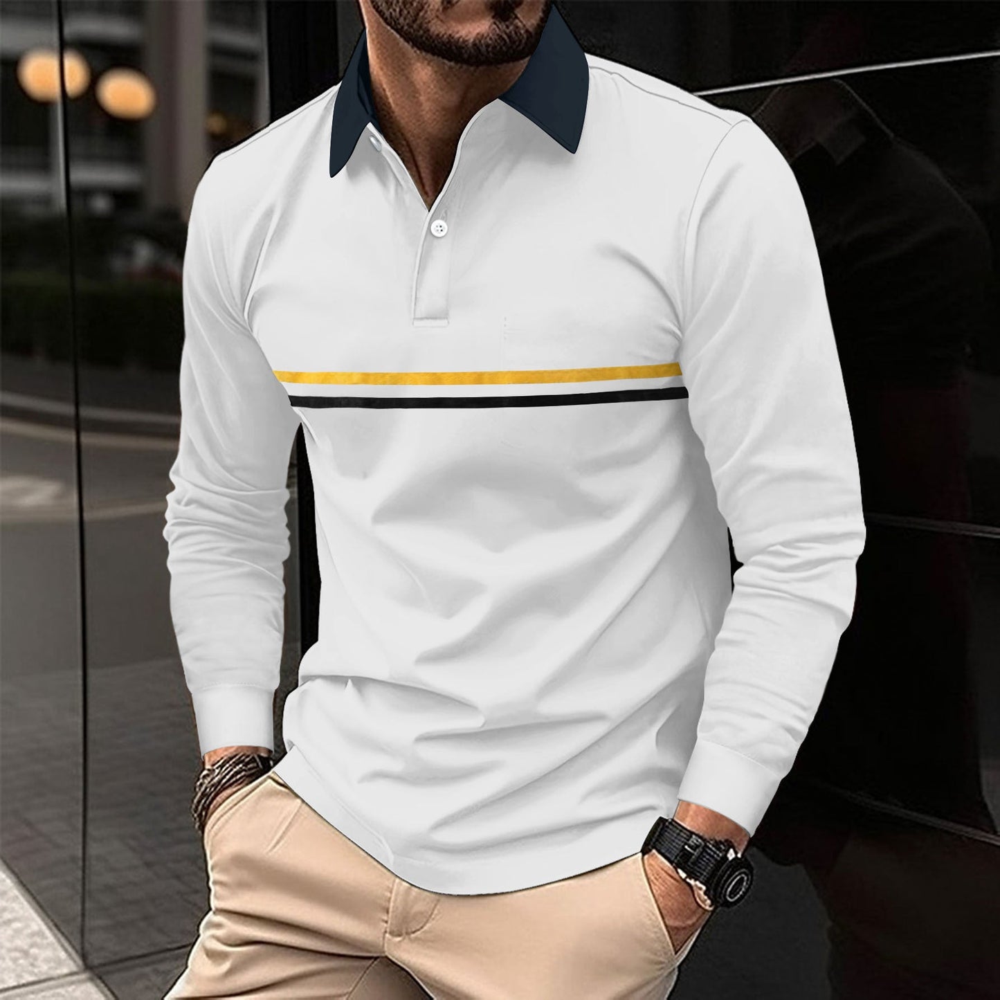 Herren Polohemd Langarm Modern Streifen Design